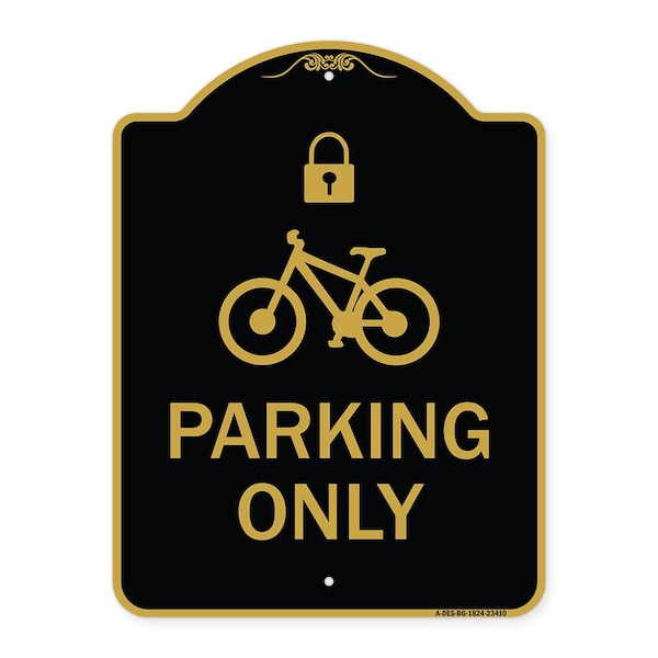 Parking With Cycle and Lock, Black & Gold Aluminum Architectural Sign, 18" x 24", BG-1824-23410